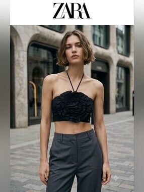 ZARA Black Halter Crop Top with Floral Ruffle